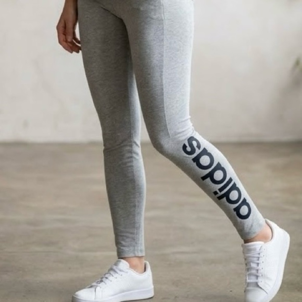 Adidas Grey Heather Linear Logo Leggings Cotton Classic Sporty Loungewear